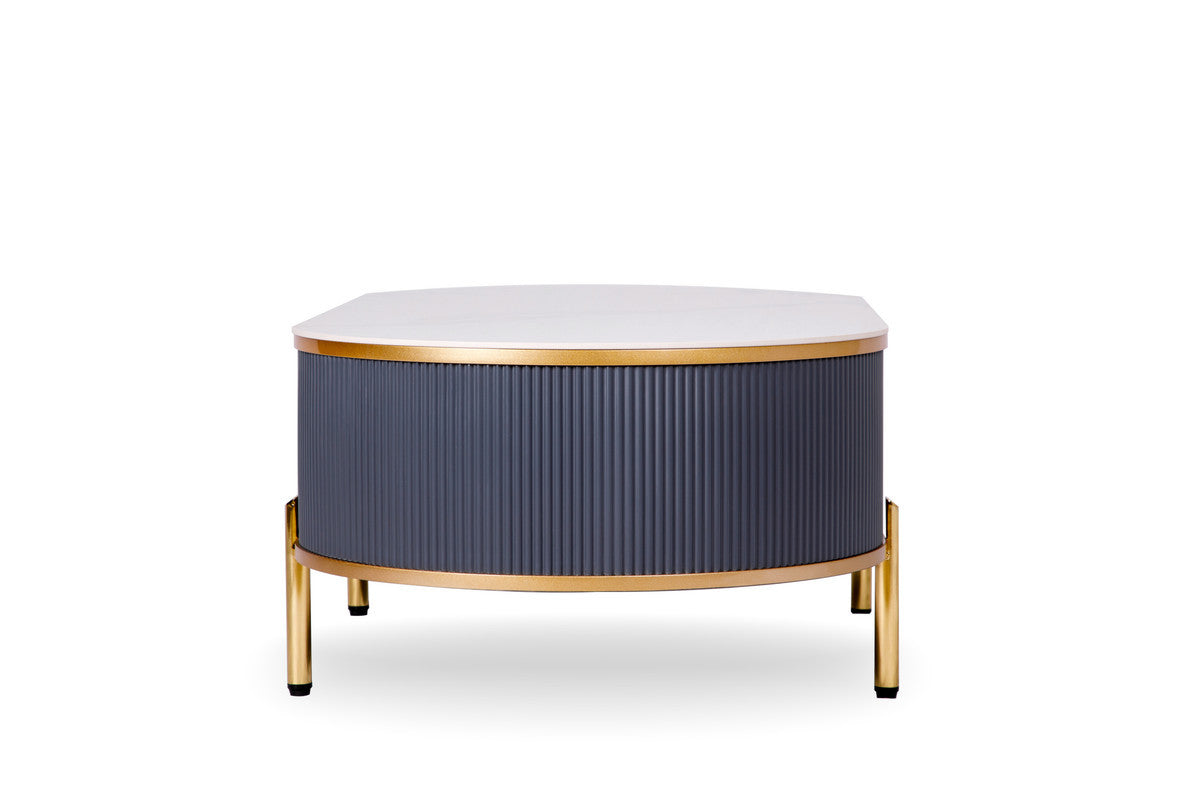 White And Gold Stone And Stainless Steel Oval Coffee Table With Drawer By Homeroots | Coffee Tables | Modishstore - 3
