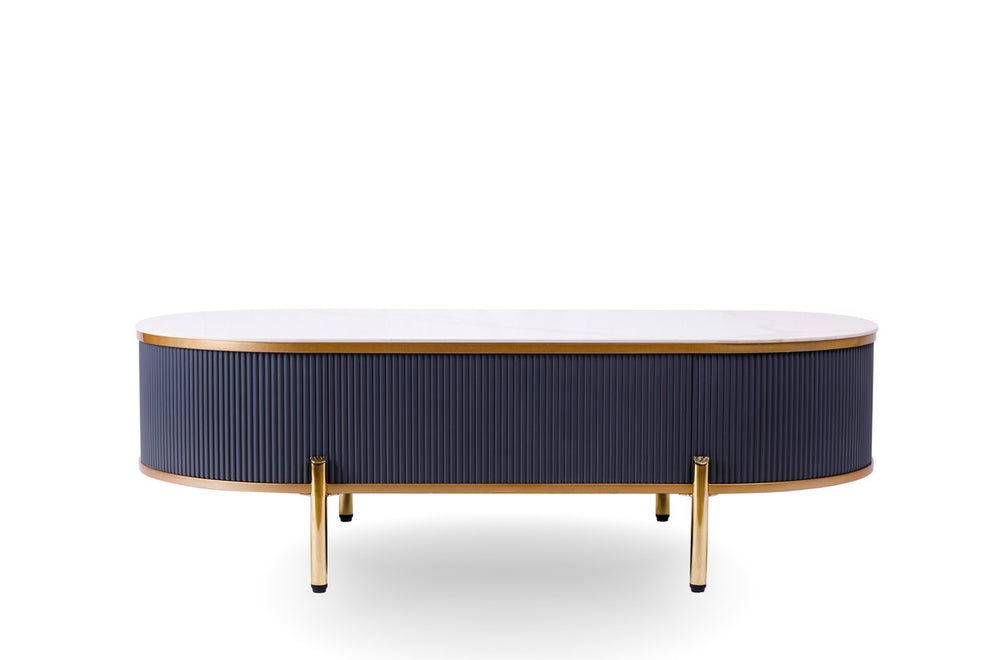 White And Gold Stone And Stainless Steel Oval Coffee Table With Drawer By Homeroots | Coffee Tables | Modishstore - 4