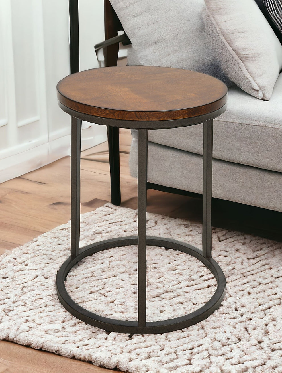 Black And Wood Brown Wood And Iron Round End Table By Homeroots | End Tables | Modishstore - 2