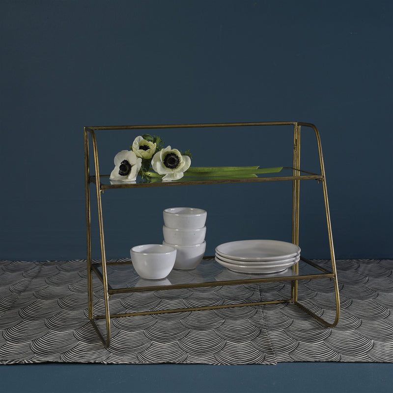 Lena Two-Tier Stand with Glass Shelves, Brass - Brass By HomArt | Stands | Modishstore - 1