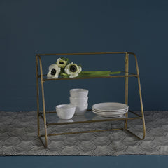 Lena Two-Tier Stand with Glass Shelves, Brass - Brass By HomArt