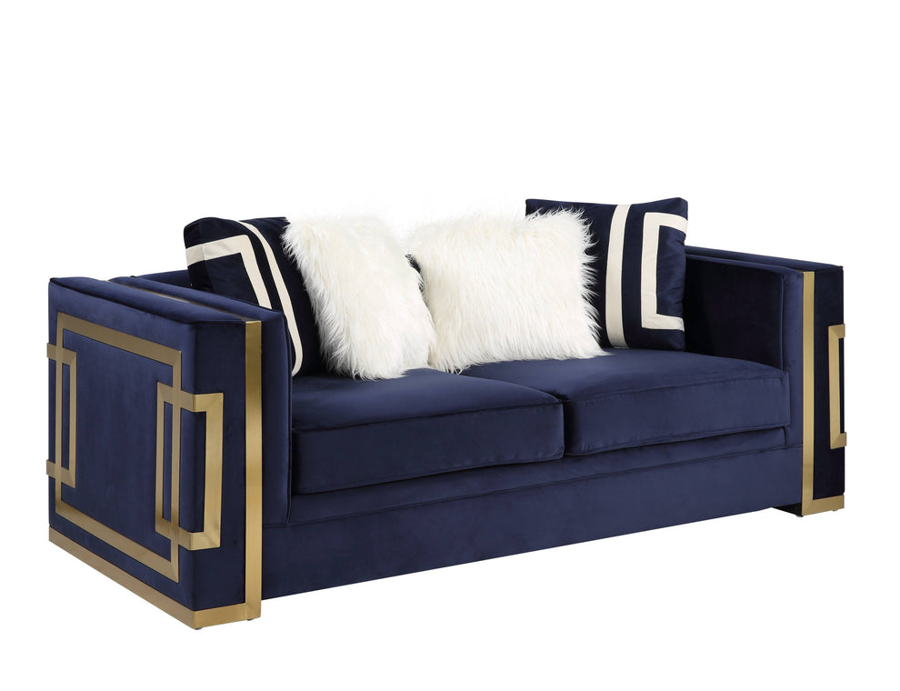 Blue And Gold Velvet Loveseat and Toss Pillows By Homeroots | Loveseats | Modishstore - 3