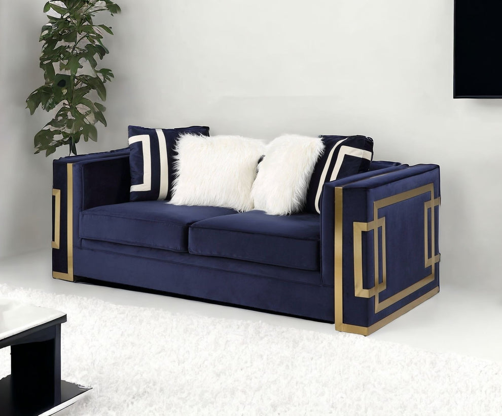 Blue And Gold Velvet Loveseat and Toss Pillows By Homeroots | Loveseats | Modishstore - 2