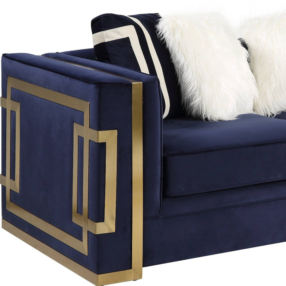 Blue And Gold Velvet Loveseat and Toss Pillows By Homeroots | Loveseats | Modishstore - 4