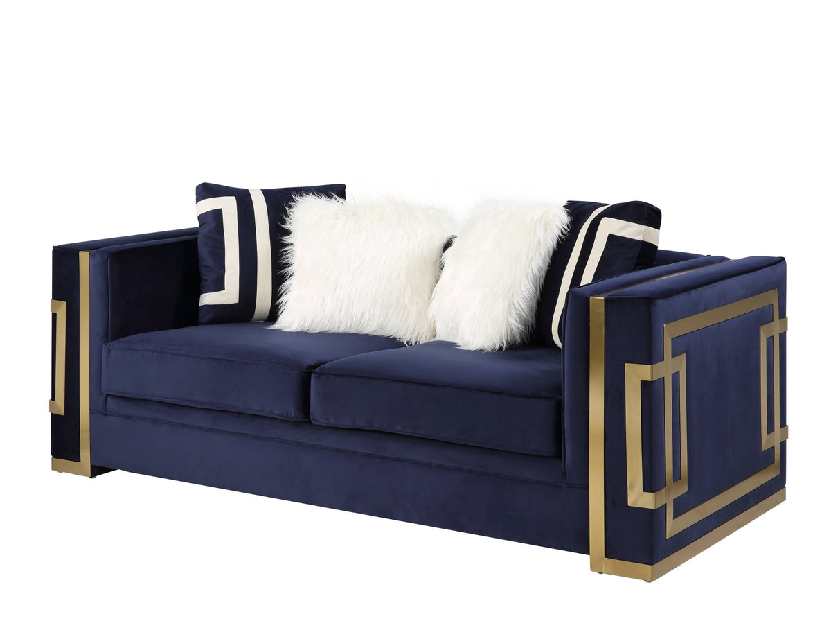 Blue And Gold Velvet Loveseat and Toss Pillows By Homeroots | Loveseats | Modishstore - 1
