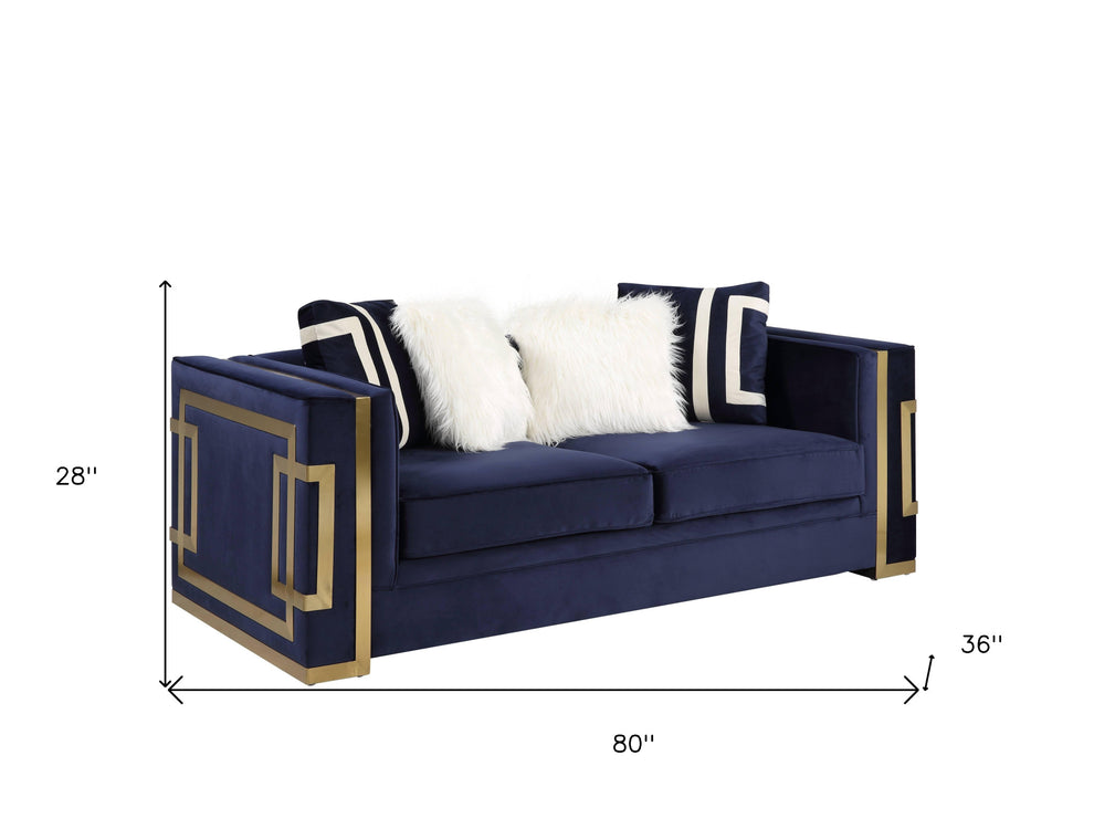 Blue And Gold Velvet Loveseat and Toss Pillows By Homeroots | Loveseats | Modishstore - 5