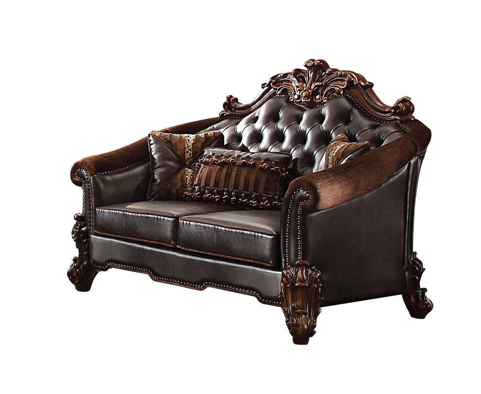 Brown And Dark Brown Chenille And Faux Leather Loveseat and Toss Pillows By Homeroots | Loveseats | Modishstore - 2