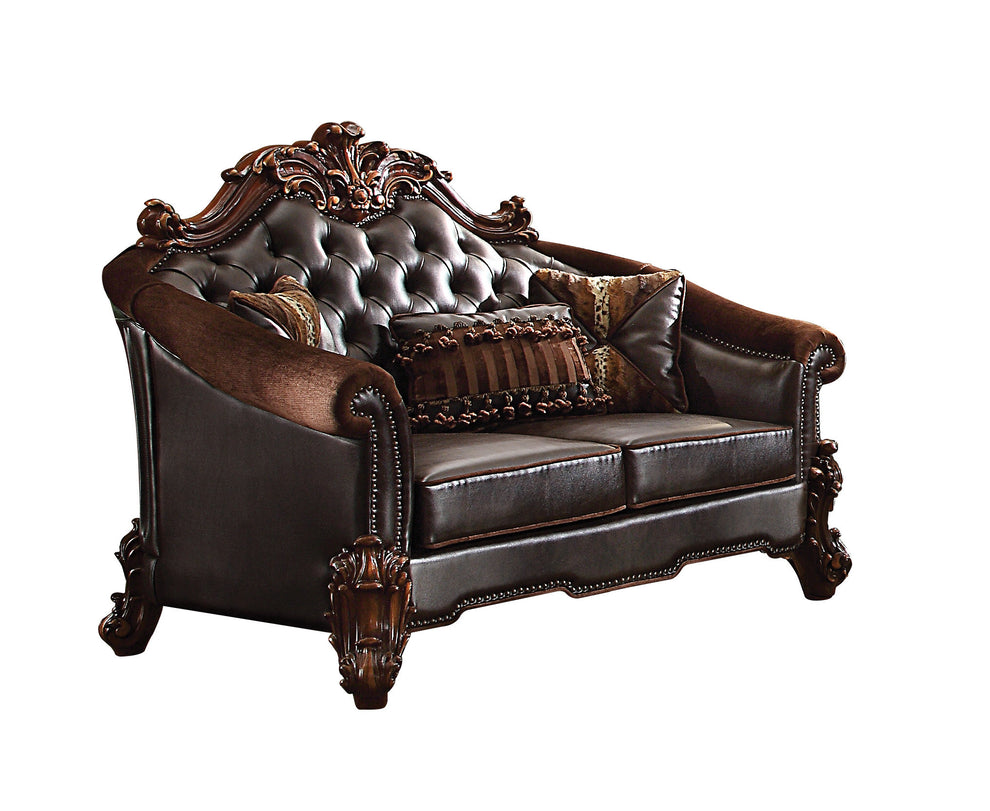 Brown And Dark Brown Chenille And Faux Leather Loveseat and Toss Pillows By Homeroots | Loveseats | Modishstore - 3