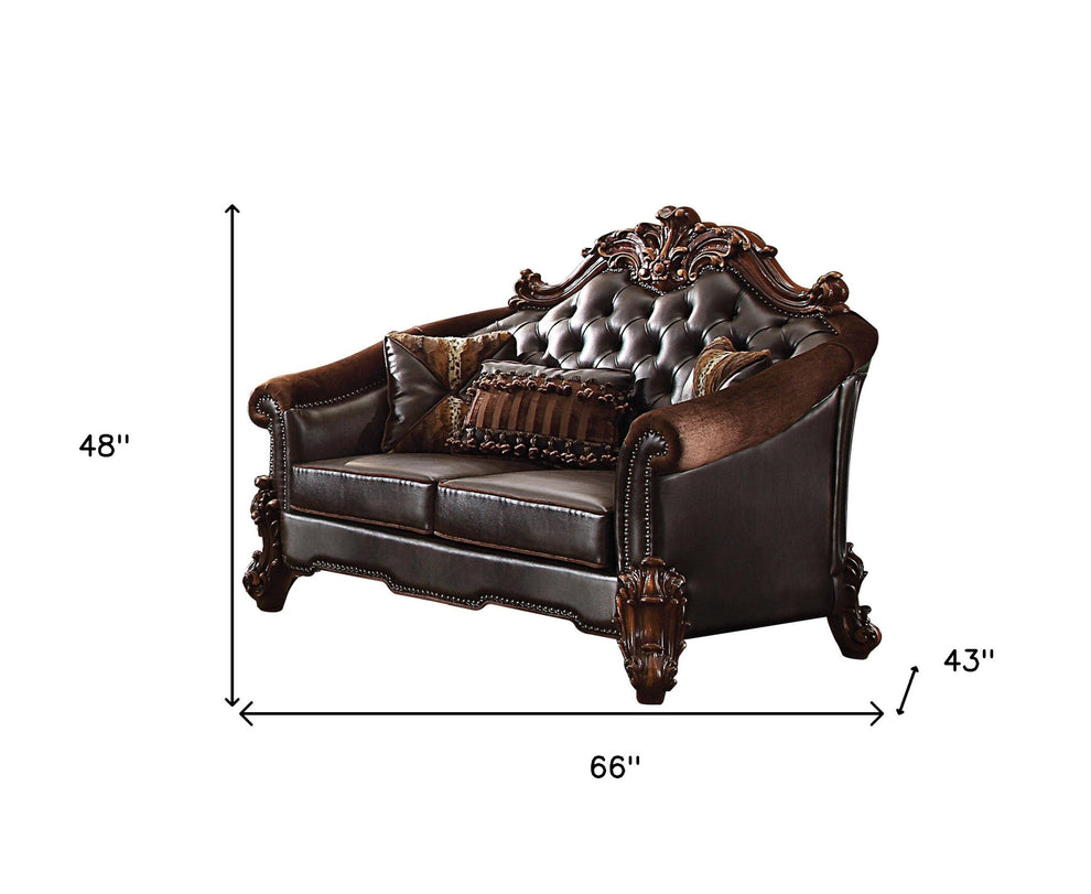 Brown And Dark Brown Chenille And Faux Leather Loveseat and Toss Pillows By Homeroots | Loveseats | Modishstore - 5
