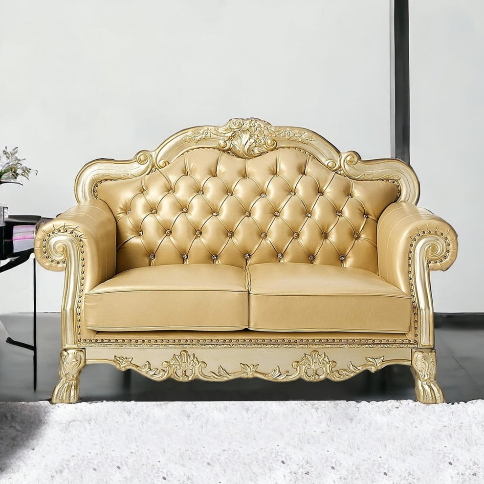 Bone And Gold Faux Leather Loveseat and Toss Pillows By Homeroots | Loveseats | Modishstore - 4