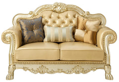 Bone And Gold Faux Leather Loveseat and Toss Pillows By Homeroots