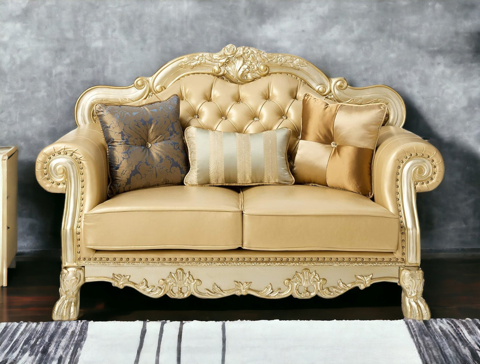 Bone And Gold Faux Leather Loveseat and Toss Pillows By Homeroots | Loveseats | Modishstore - 3