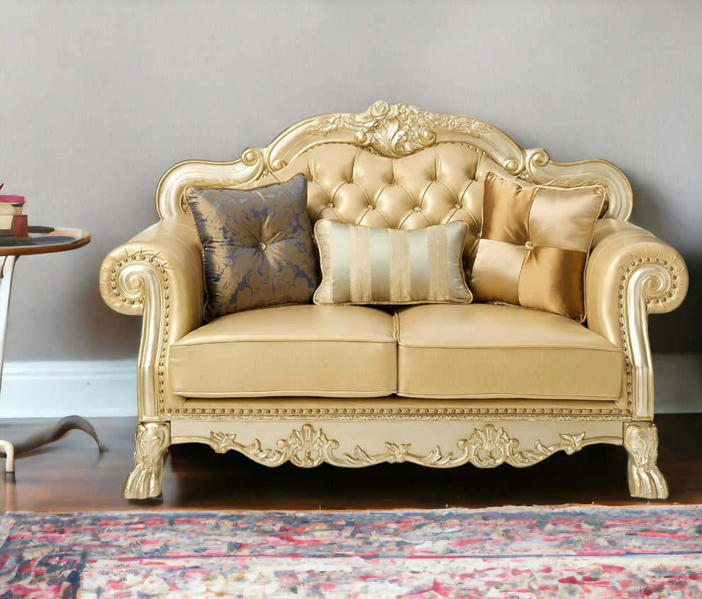 Bone And Gold Faux Leather Loveseat and Toss Pillows By Homeroots | Loveseats | Modishstore - 2