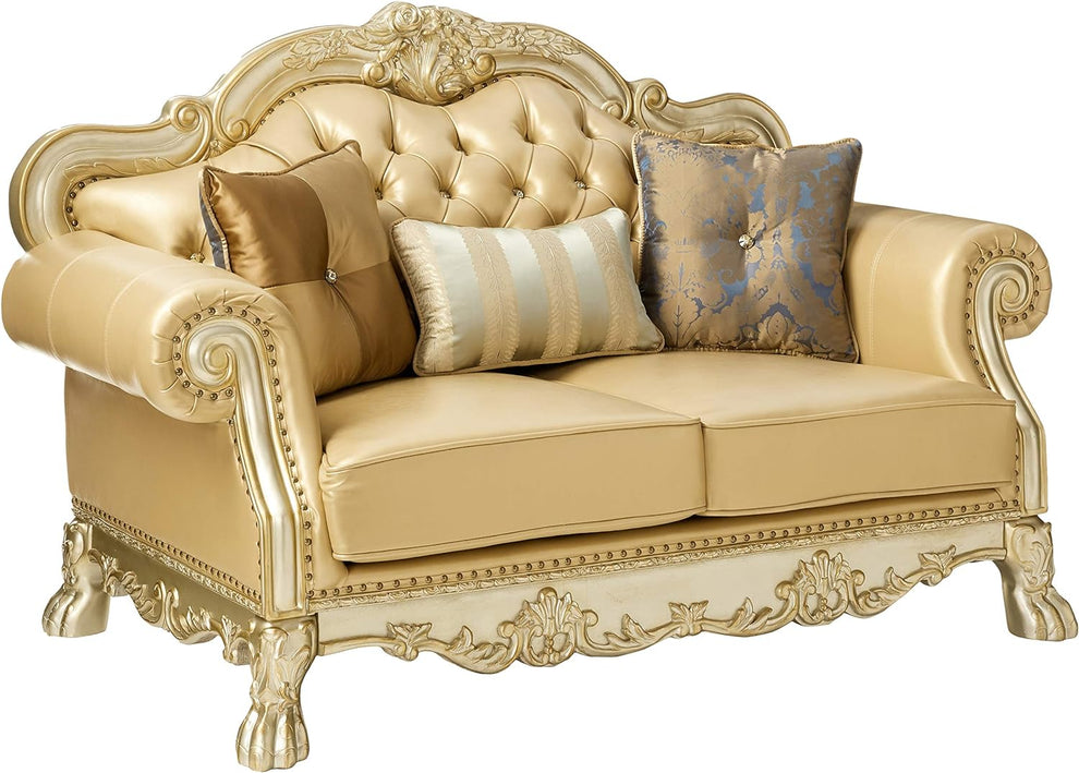 Bone And Gold Faux Leather Loveseat and Toss Pillows By Homeroots | Loveseats | Modishstore - 5