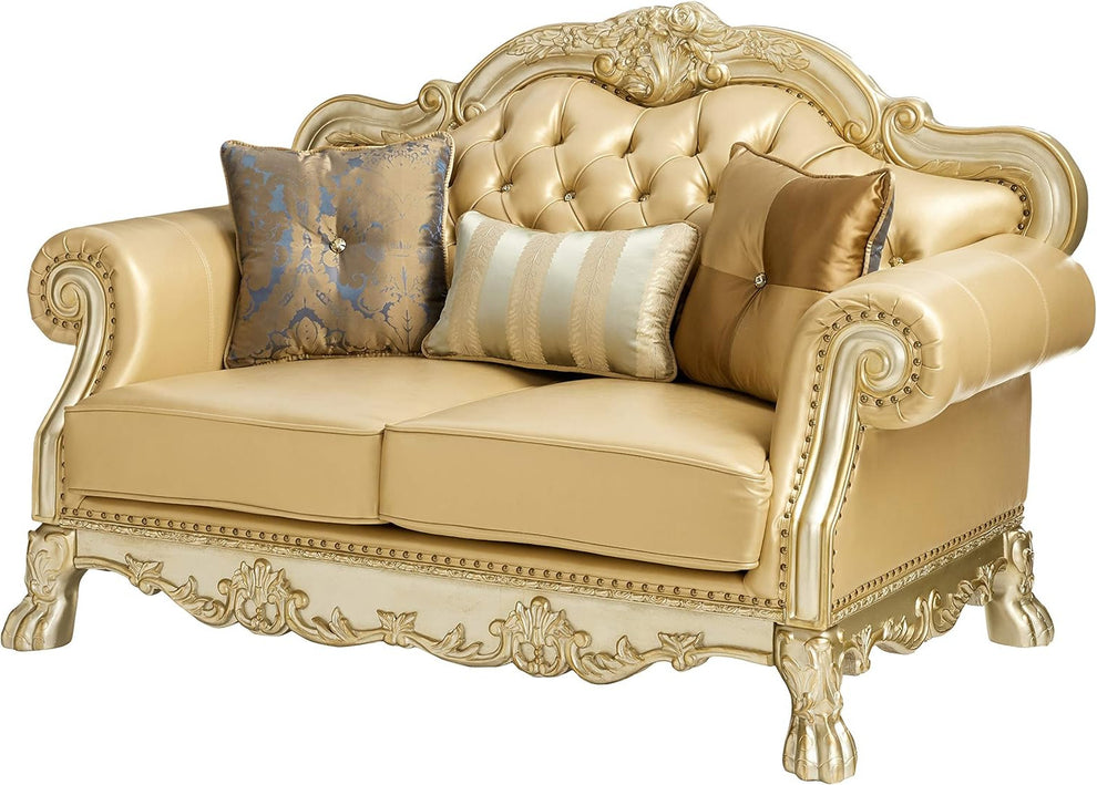 Bone And Gold Faux Leather Loveseat and Toss Pillows By Homeroots | Loveseats | Modishstore - 7