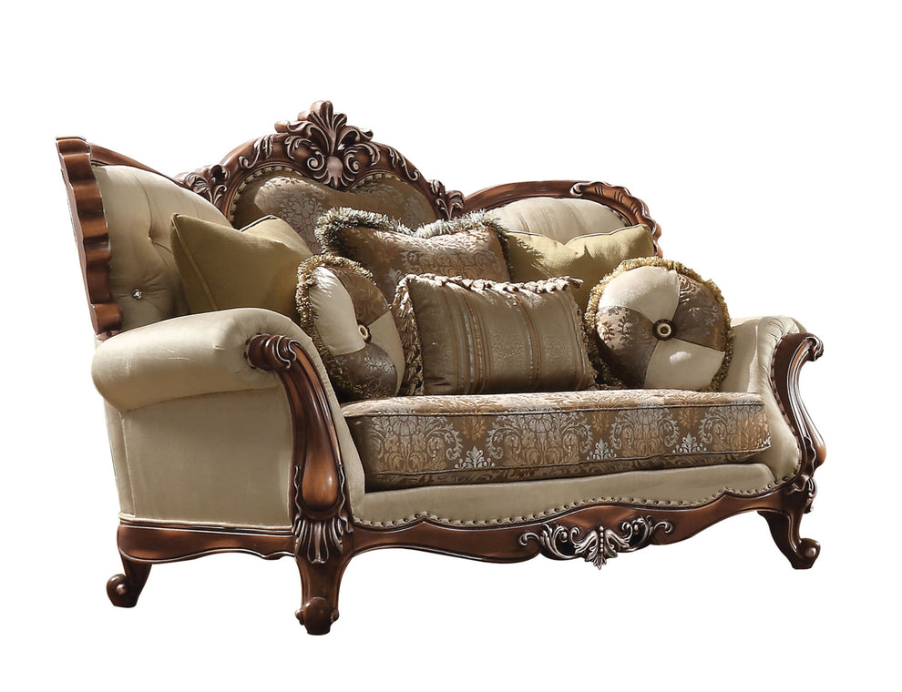 Tan And Brown Velvet Damask Curved Loveseat and Toss Pillows By Homeroots | Loveseats | Modishstore - 2