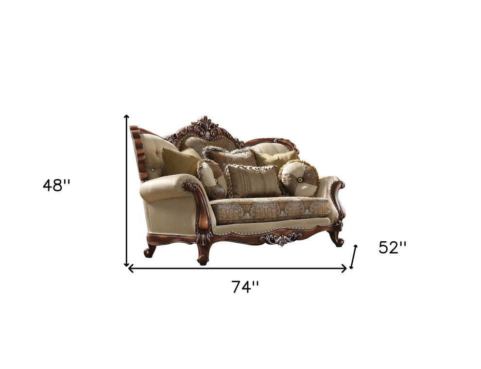 Tan And Brown Velvet Damask Curved Loveseat and Toss Pillows By Homeroots | Loveseats | Modishstore - 5