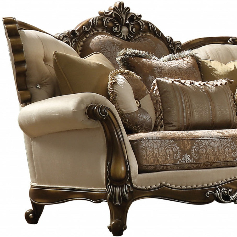 Tan And Brown Velvet Damask Curved Loveseat and Toss Pillows By Homeroots | Loveseats | Modishstore - 3