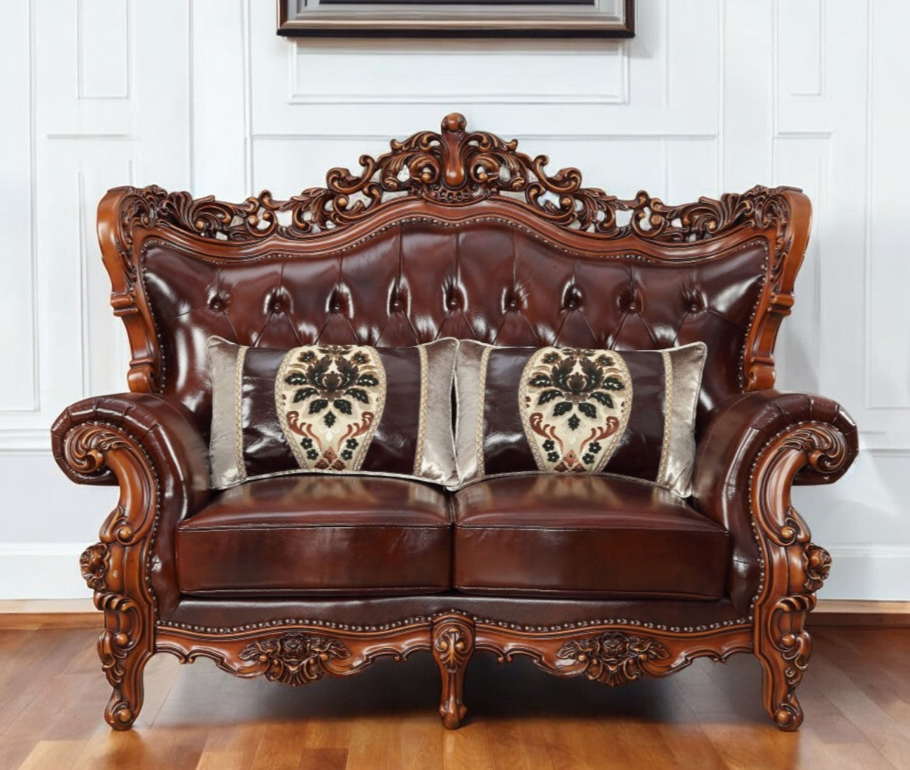 Brown And Walnut Top Grain Leather Curved Loveseat and Toss Pillows By Homeroots | Loveseats | Modishstore - 1