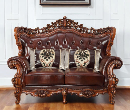 Brown And Walnut Top Grain Leather Curved Loveseat and Toss Pillows By Homeroots | Loveseats | Modishstore - 1