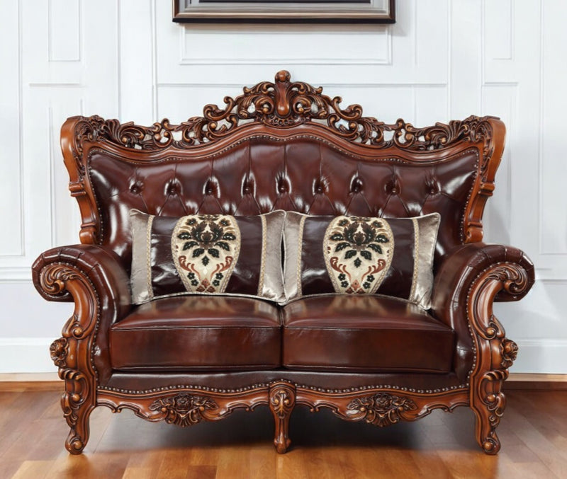 Brown And Walnut Top Grain Leather Curved Loveseat and Toss Pillows By Homeroots | Loveseats | Modishstore - 1