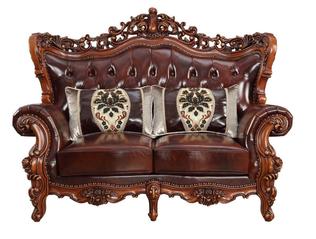 Brown And Walnut Top Grain Leather Curved Loveseat and Toss Pillows By Homeroots | Loveseats | Modishstore - 2