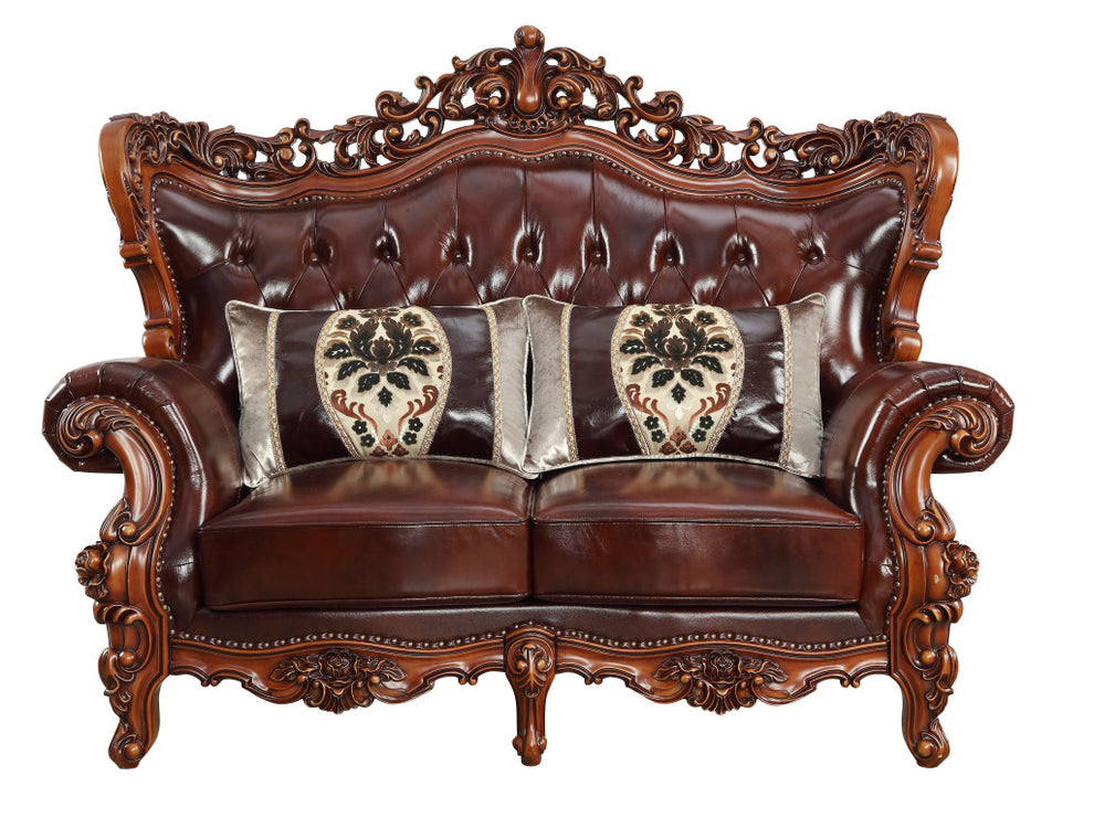 Brown And Walnut Top Grain Leather Curved Loveseat and Toss Pillows By Homeroots | Loveseats | Modishstore - 2