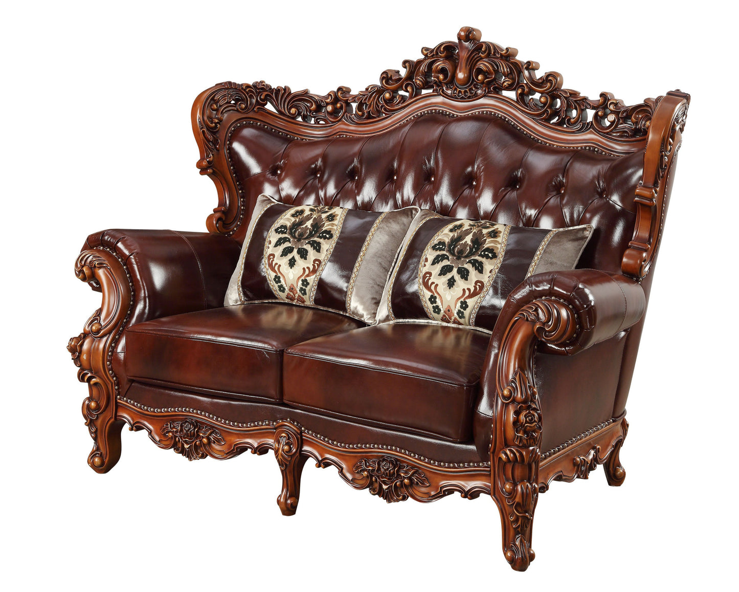 Brown And Walnut Top Grain Leather Curved Loveseat and Toss Pillows By Homeroots | Loveseats | Modishstore - 5