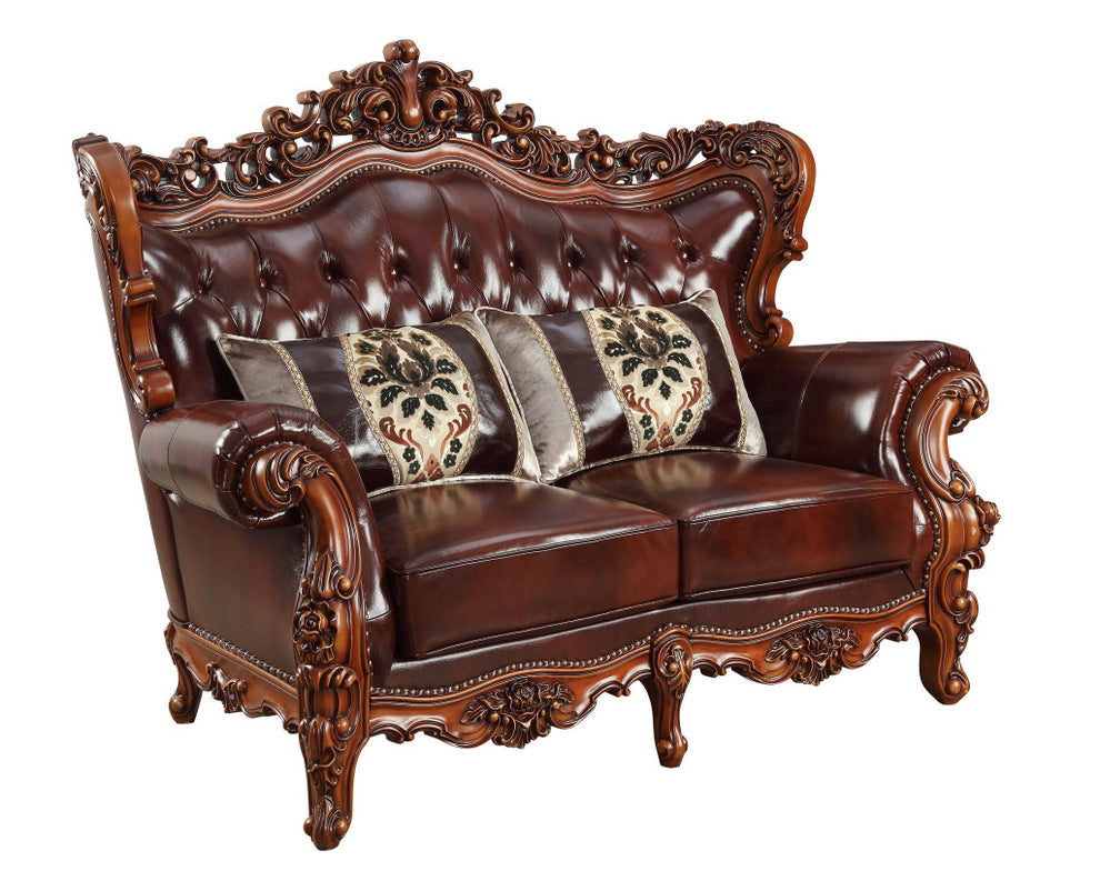 Brown And Walnut Top Grain Leather Curved Loveseat and Toss Pillows By Homeroots | Loveseats | Modishstore - 3