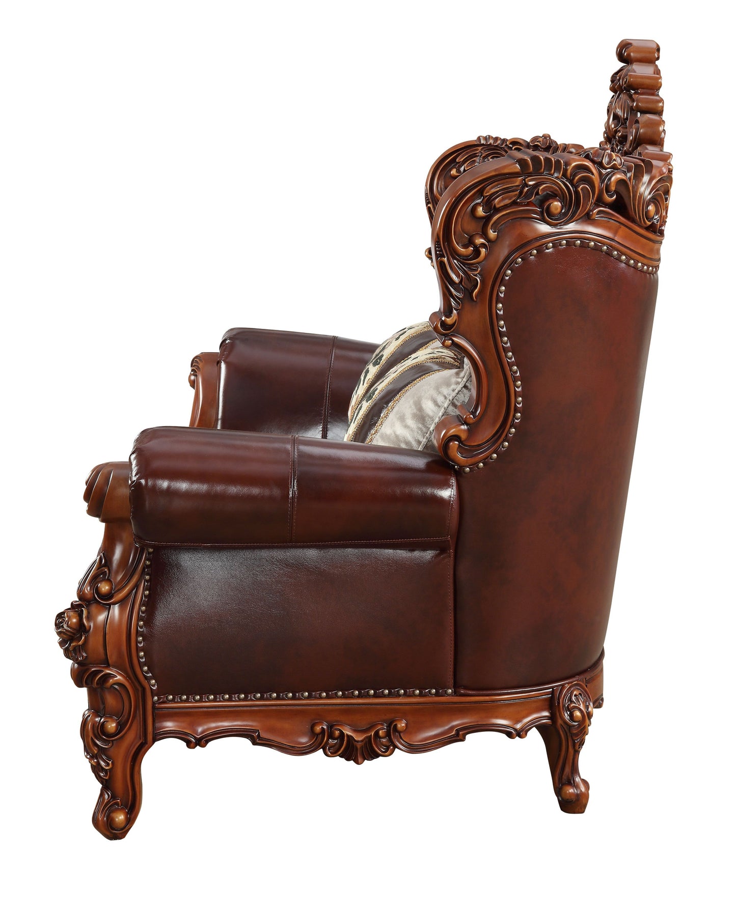 Brown And Walnut Top Grain Leather Curved Loveseat and Toss Pillows By Homeroots | Loveseats | Modishstore - 7