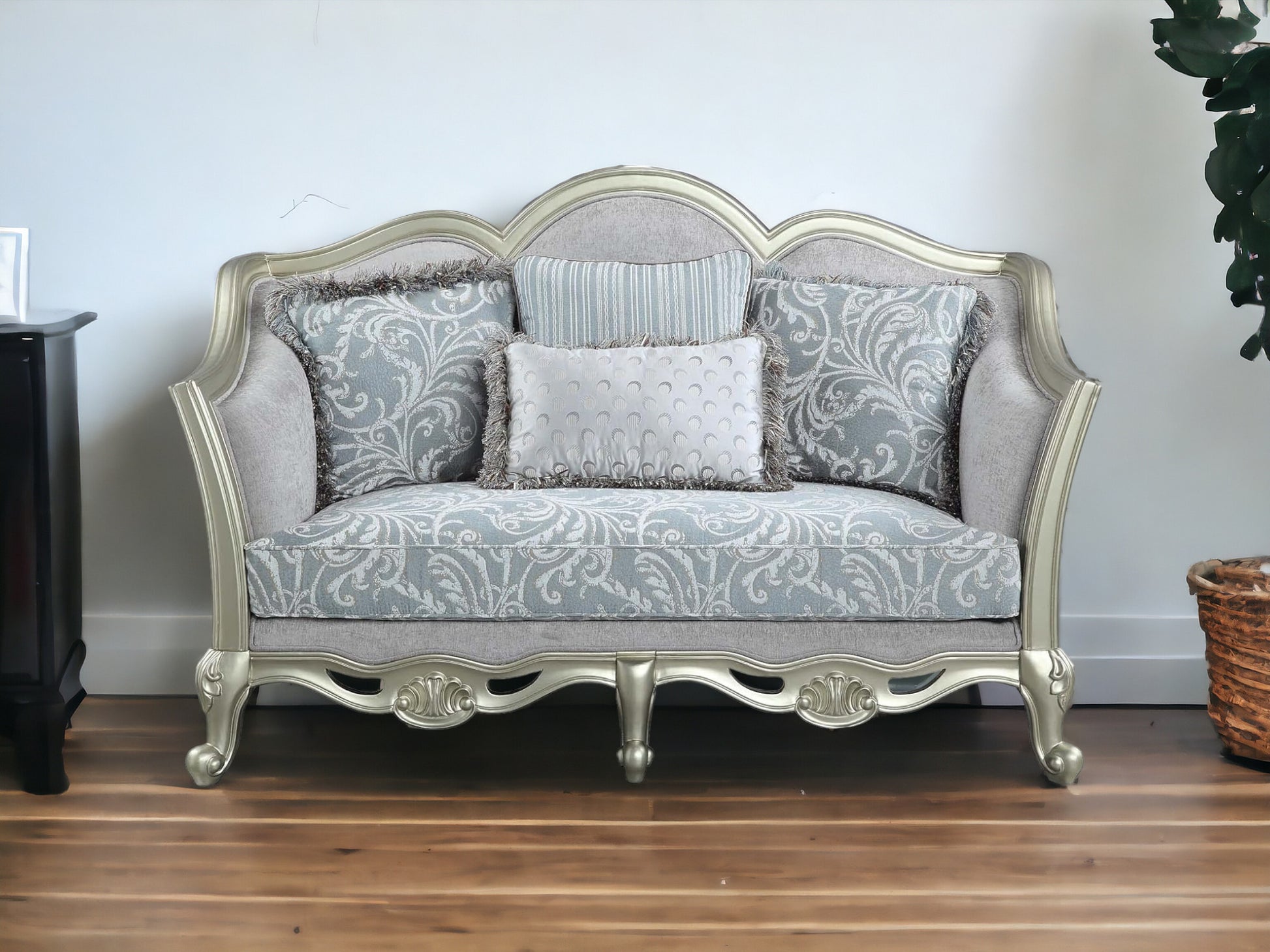 Light Gray And Champagne Linen Damask Loveseat and Toss Pillows By Homeroots | Loveseats | Modishstore - 3