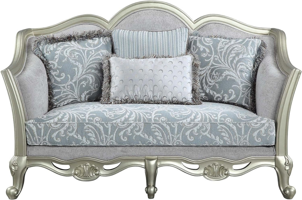 Light Gray And Champagne Linen Damask Loveseat and Toss Pillows By Homeroots | Loveseats | Modishstore - 2