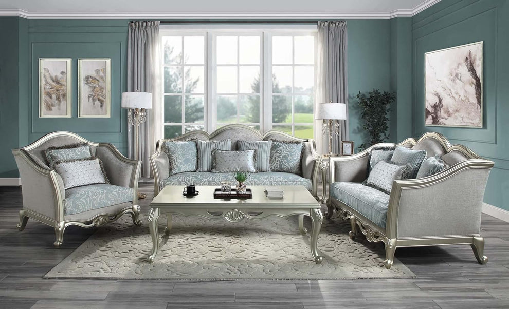 Light Gray And Champagne Linen Damask Loveseat and Toss Pillows By Homeroots | Loveseats | Modishstore - 7