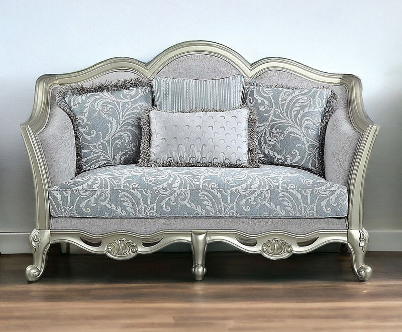 Light Gray And Champagne Linen Damask Loveseat and Toss Pillows By Homeroots | Loveseats | Modishstore - 1
