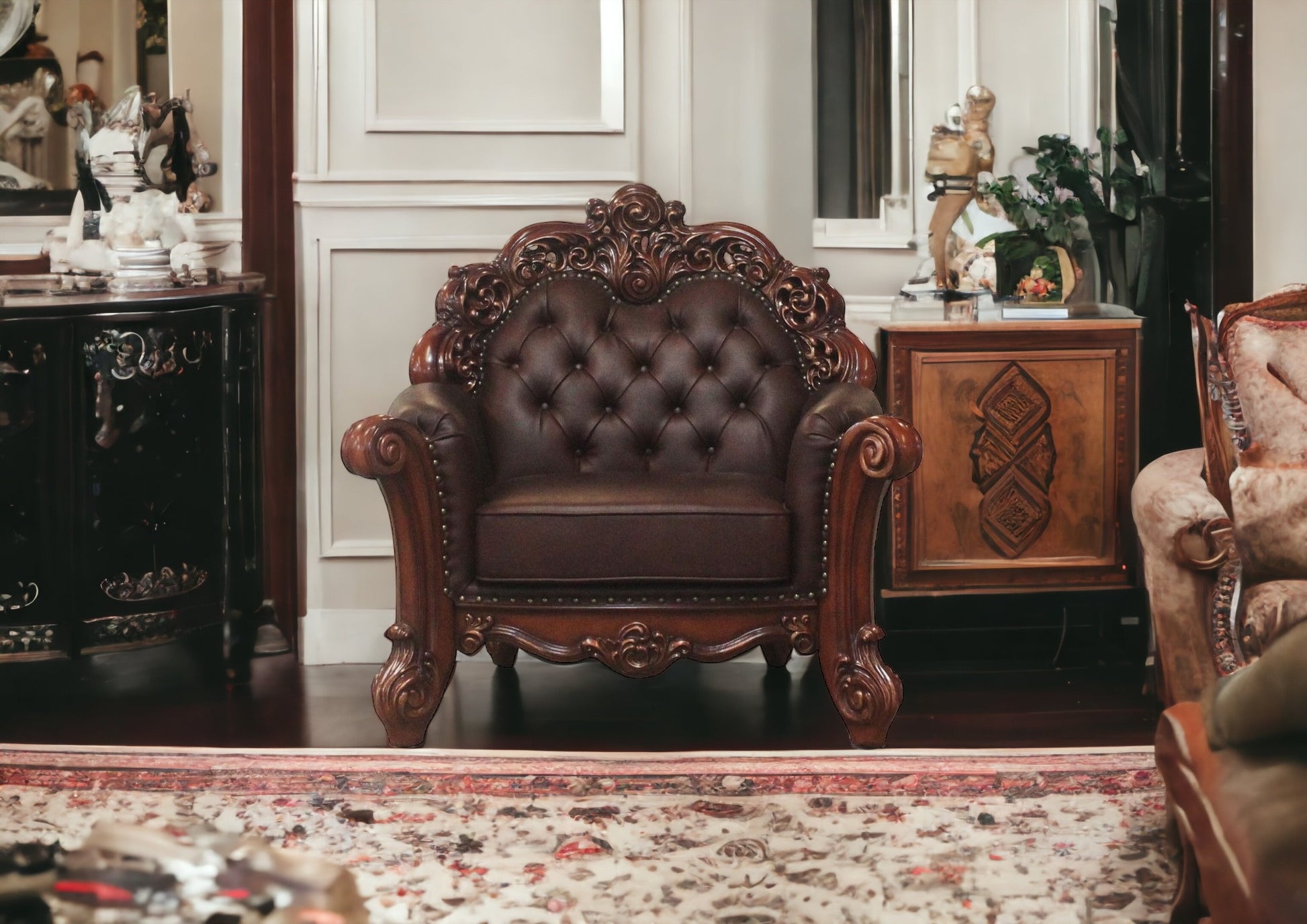 Dark Brown Faux Leather Tufted Chesterfield Chair And Toss Pillow By Homeroots | Accent Chairs | Modishstore - 5