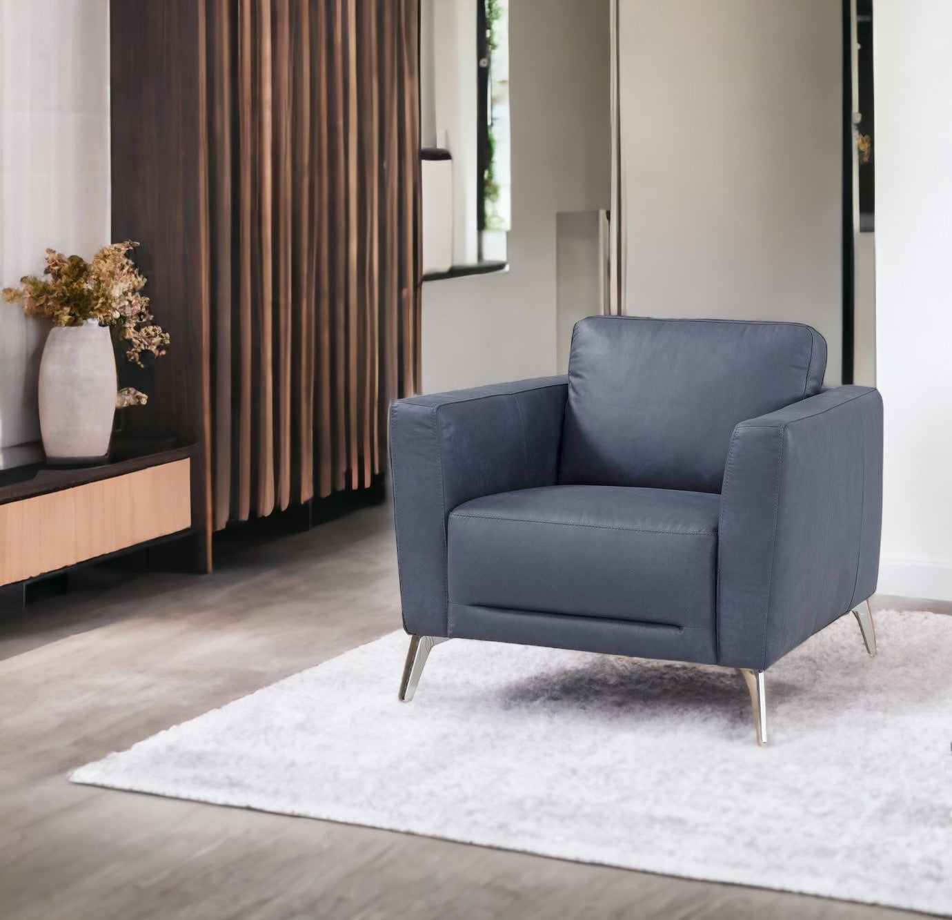 Blue and Silver Genuine Leather Arm Chair By Homeroots | Accent Chairs | Modishstore - 2