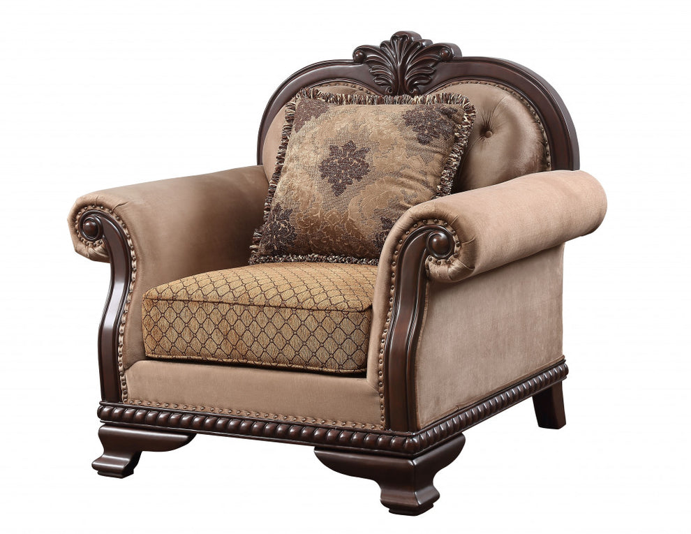 Tan and Espresso Fabric Tufted Arm Chair And Toss Pillow By Homeroots | Accent Chairs | Modishstore - 2