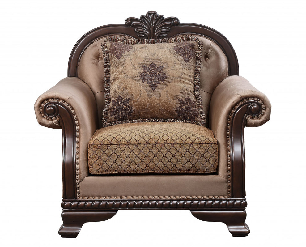 Tan and Espresso Fabric Tufted Arm Chair And Toss Pillow By Homeroots | Accent Chairs | Modishstore - 3