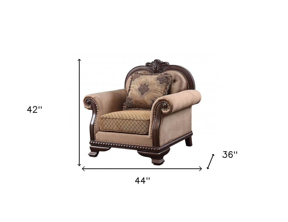 Tan and Espresso Fabric Tufted Arm Chair And Toss Pillow By Homeroots | Accent Chairs | Modishstore - 4