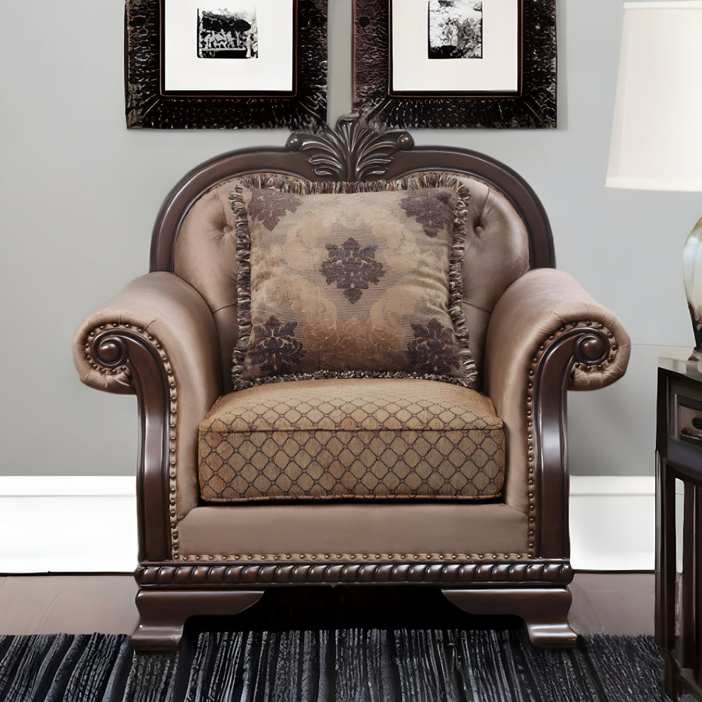 Tan and Espresso Fabric Tufted Arm Chair And Toss Pillow By Homeroots | Accent Chairs | Modishstore - 5