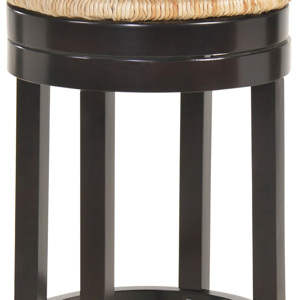 Natural and Espresso Rush and Solid Wood Backless Bar Height Swivel Bar Chair By Homeroots | Bar Stools | Modishstore - 5