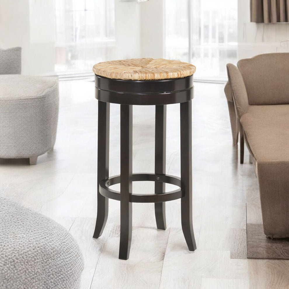Natural and Espresso Rush and Solid Wood Backless Bar Height Swivel Bar Chair By Homeroots | Bar Stools | Modishstore - 4