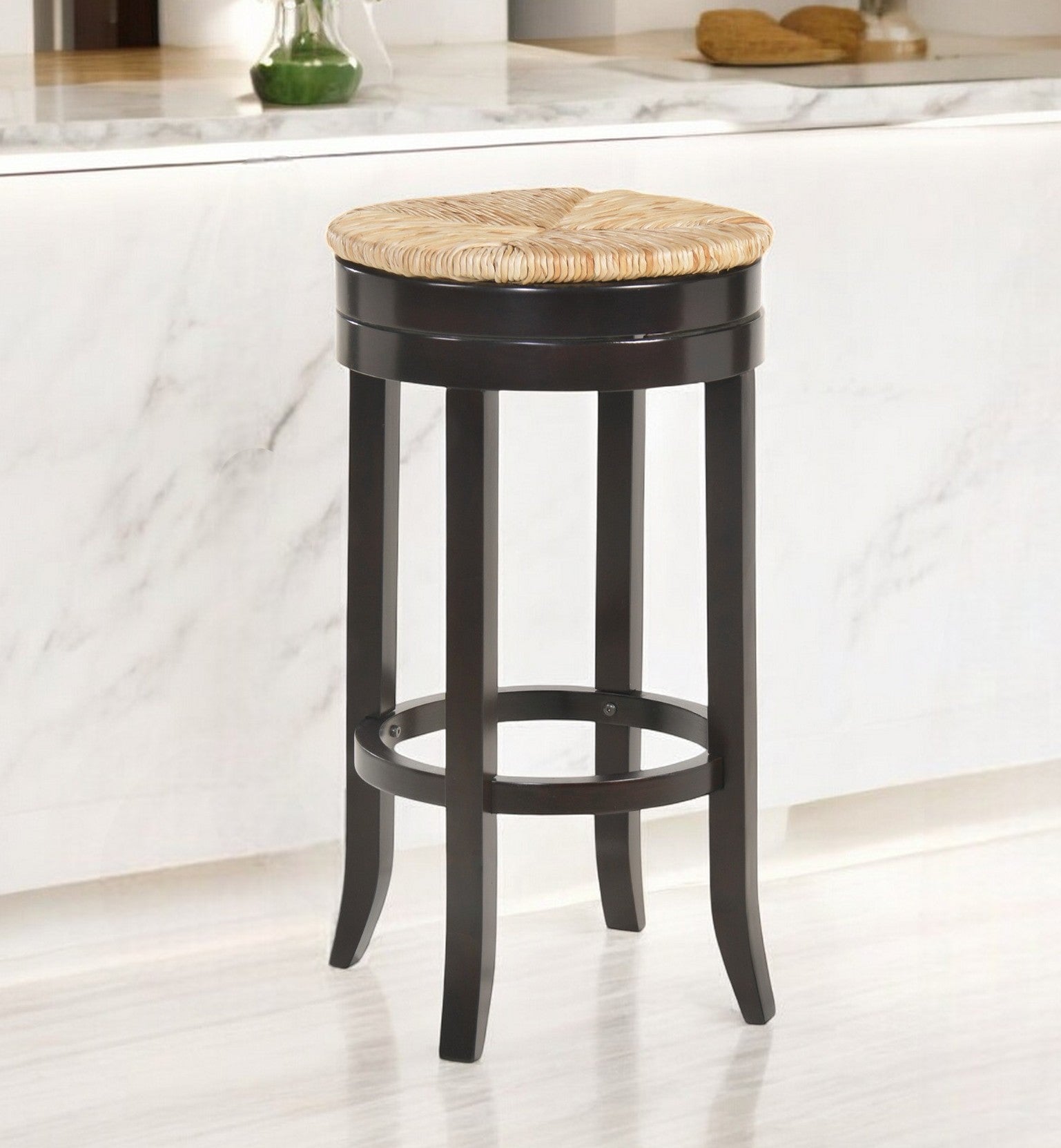 Natural and Espresso Rush and Solid Wood Backless Bar Height Swivel Bar Chair By Homeroots | Bar Stools | Modishstore - 1