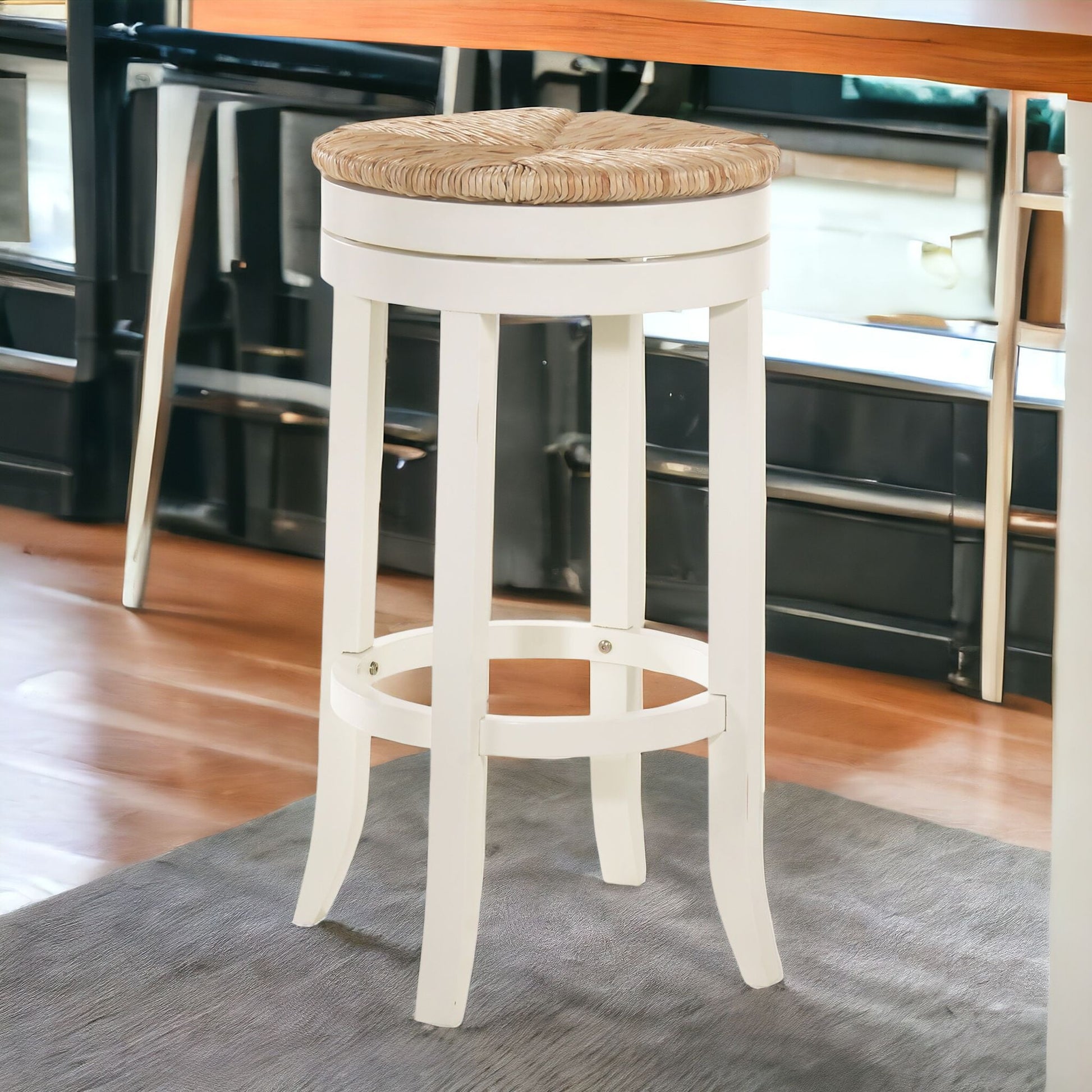 Natural And Antiqued White Solid Wood Swivel Backless Bar Height Bar Chair By Homeroots | Bar Stools | Modishstore - 2