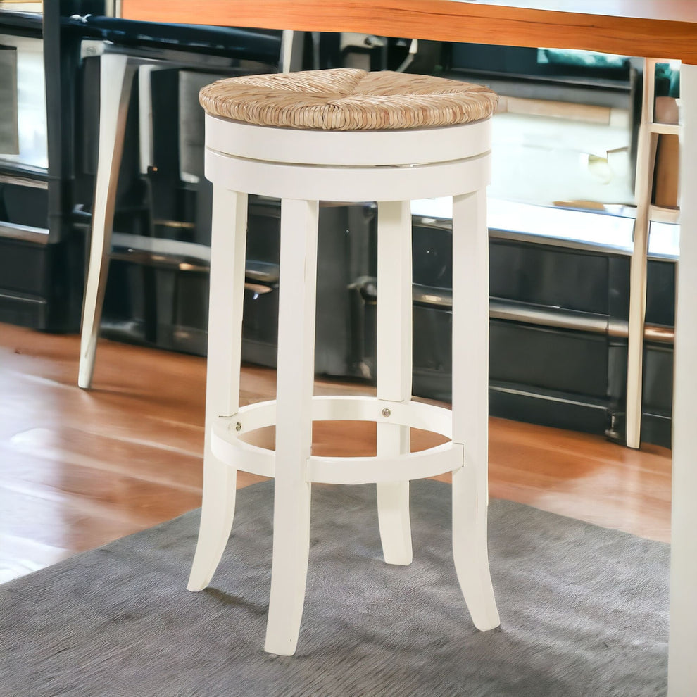 Natural And Antiqued White Solid Wood Swivel Backless Bar Height Bar Chair By Homeroots | Bar Stools | Modishstore - 2
