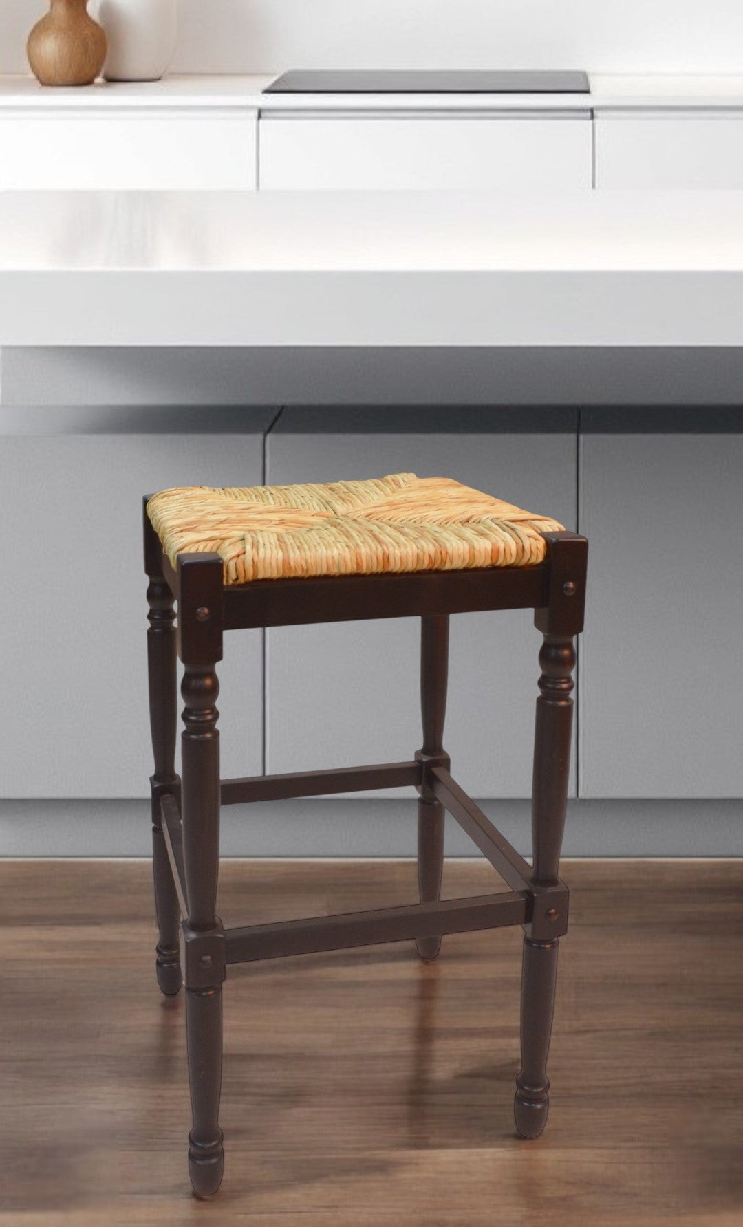 Natural and Espresso Wicker and Solid Wood Backless Bar Height Bar Chair By Homeroots | Bar Stools | Modishstore - 1