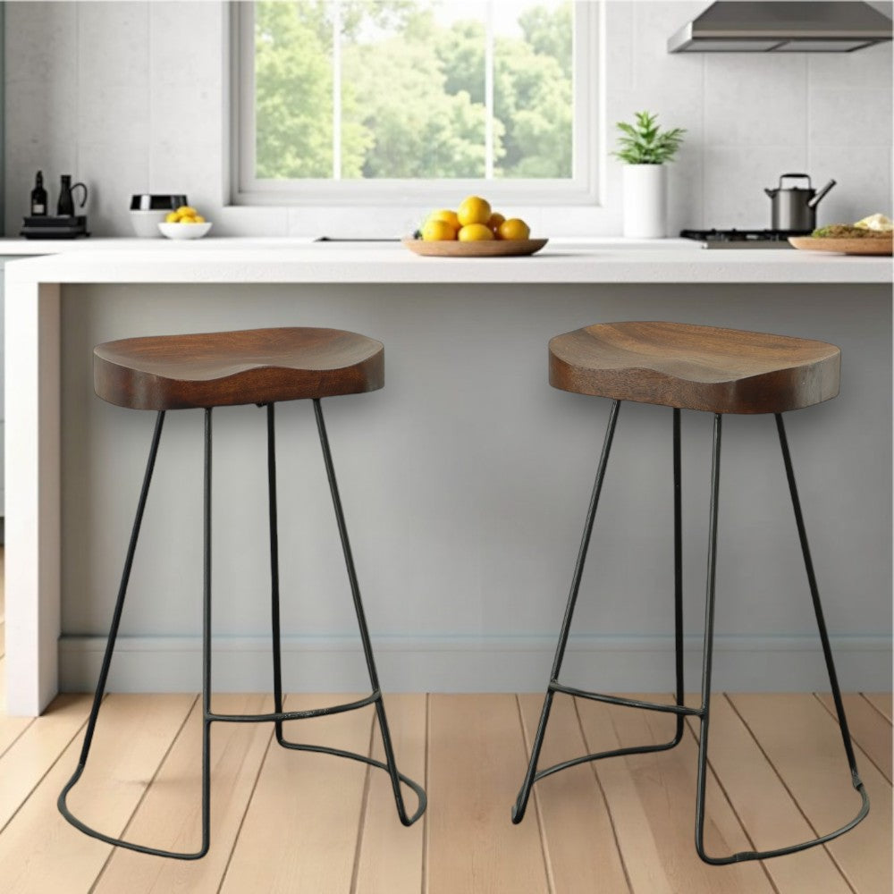 Set of Two Chestnut and Black Solid Wood and Steel Backless Counter Height Bar Chairs By Homeroots | Bar Stools | Modishstore - 1