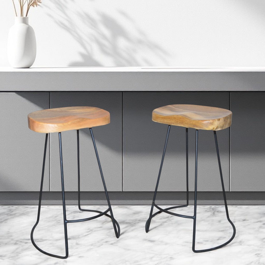 Set of Two Natural and Black Solid Wood and Steel Backless Counter Height Bar Chairs By Homeroots | Bar Stools | Modishstore - 1
