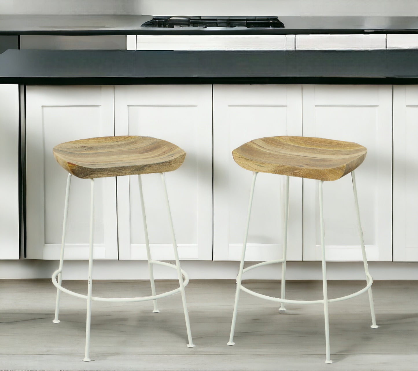 Set of Two Natural and White Solid Wood and Steel Backless Counter Height Bar Chairs By Homeroots | Bar Stools | Modishstore - 1