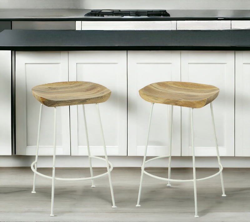 Set of Two Natural and White Solid Wood and Steel Backless Counter Height Bar Chairs By Homeroots | Bar Stools | Modishstore - 1